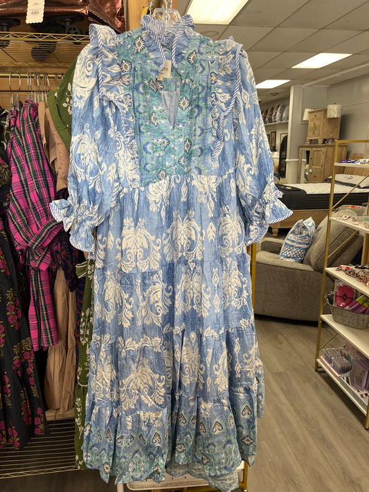 Damask Ruffle Sleeve Midi Dress-Blue