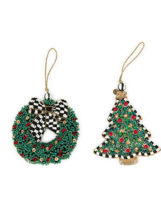 Mackenzie Childs holiday beaded wreath & tree ornaments, set of 2