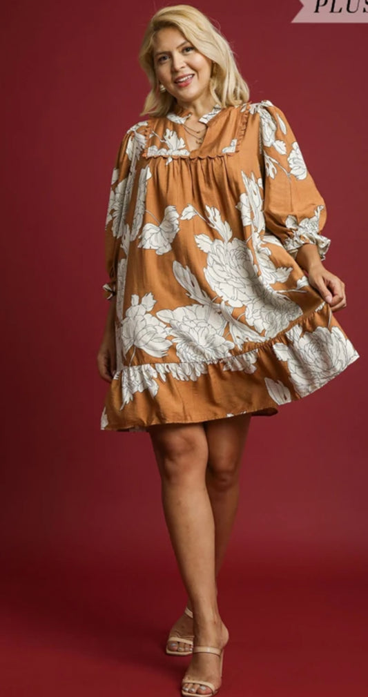 Brown Floral tiered baby doll dress Plus Size