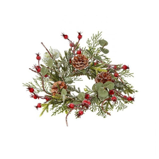 12 inch frost mix green berry cone candle ring