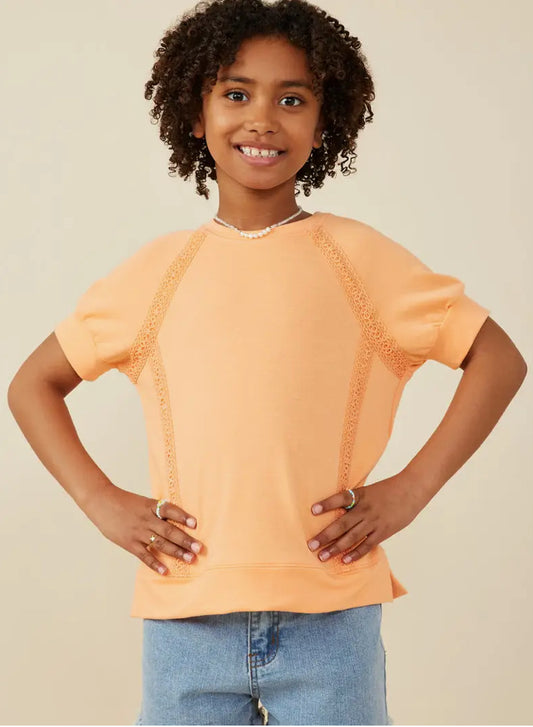 Girls Crochet Lace Trimmed French Terry Raglan Top