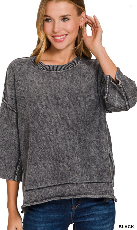Washed 3/4 Sleeve Boxy Sweater