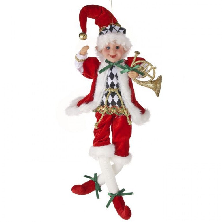 Fabric pixie elf with musical instrument ornament