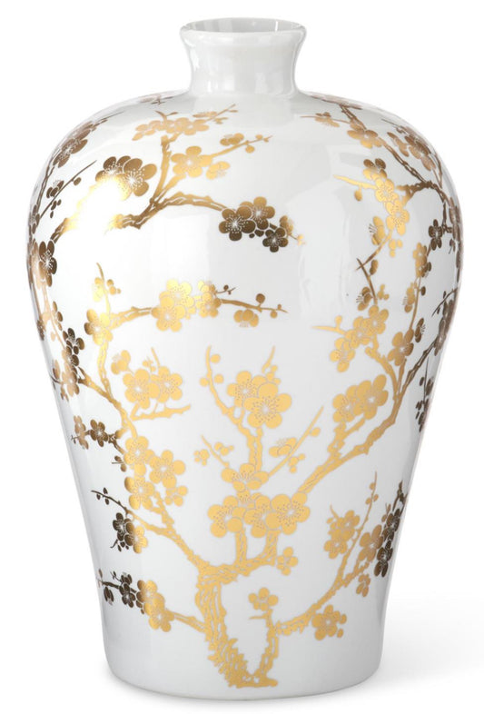 15” white & gold chinoiserie vase