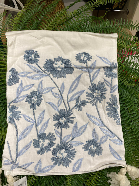 72” white linen & blue embroidered floral table runner