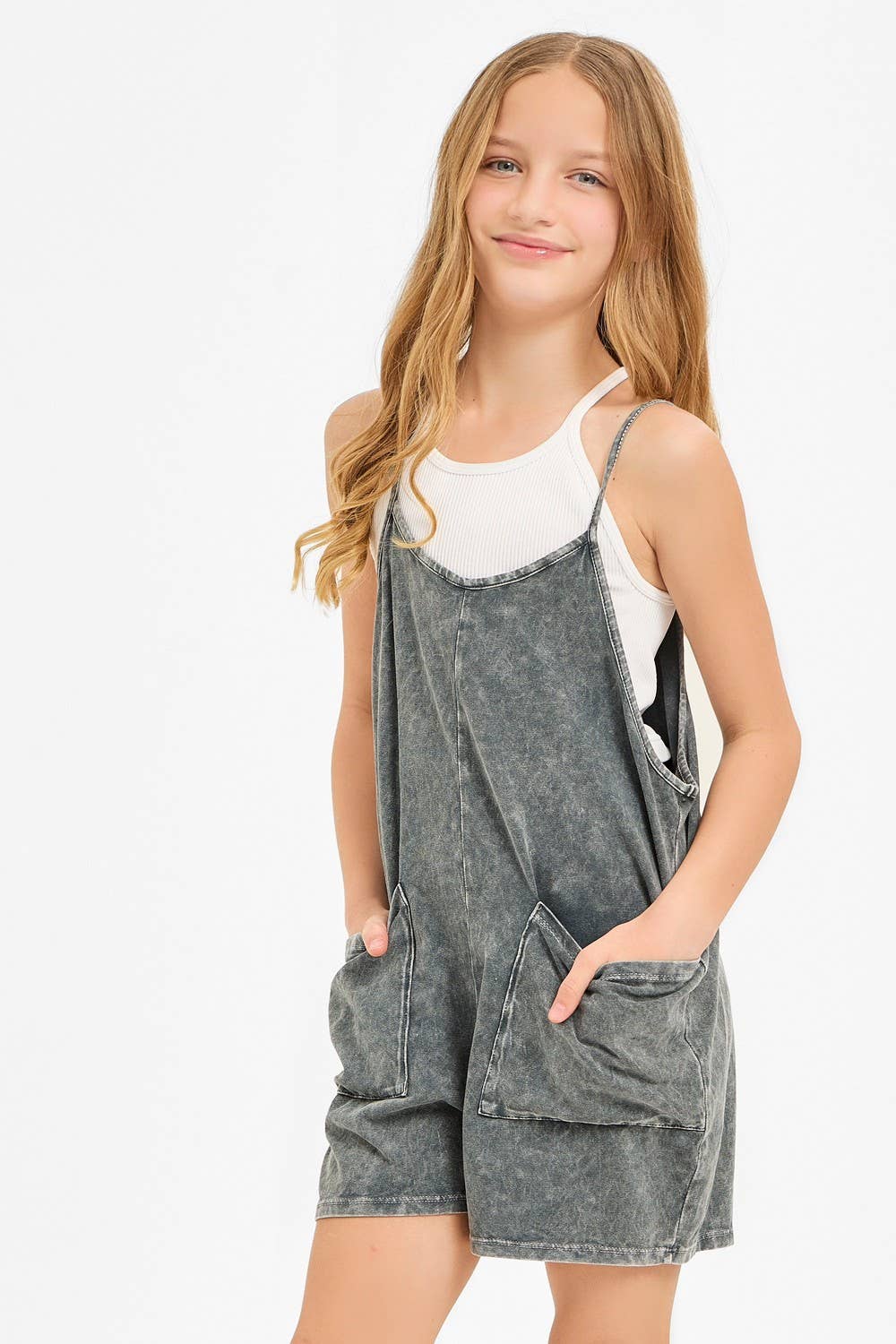 Two Pocket Mineral Wash Overall Romper / Onesieu
