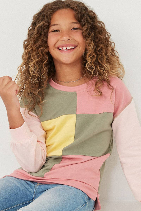 Girls Color Blocked French Terry Pullover Top