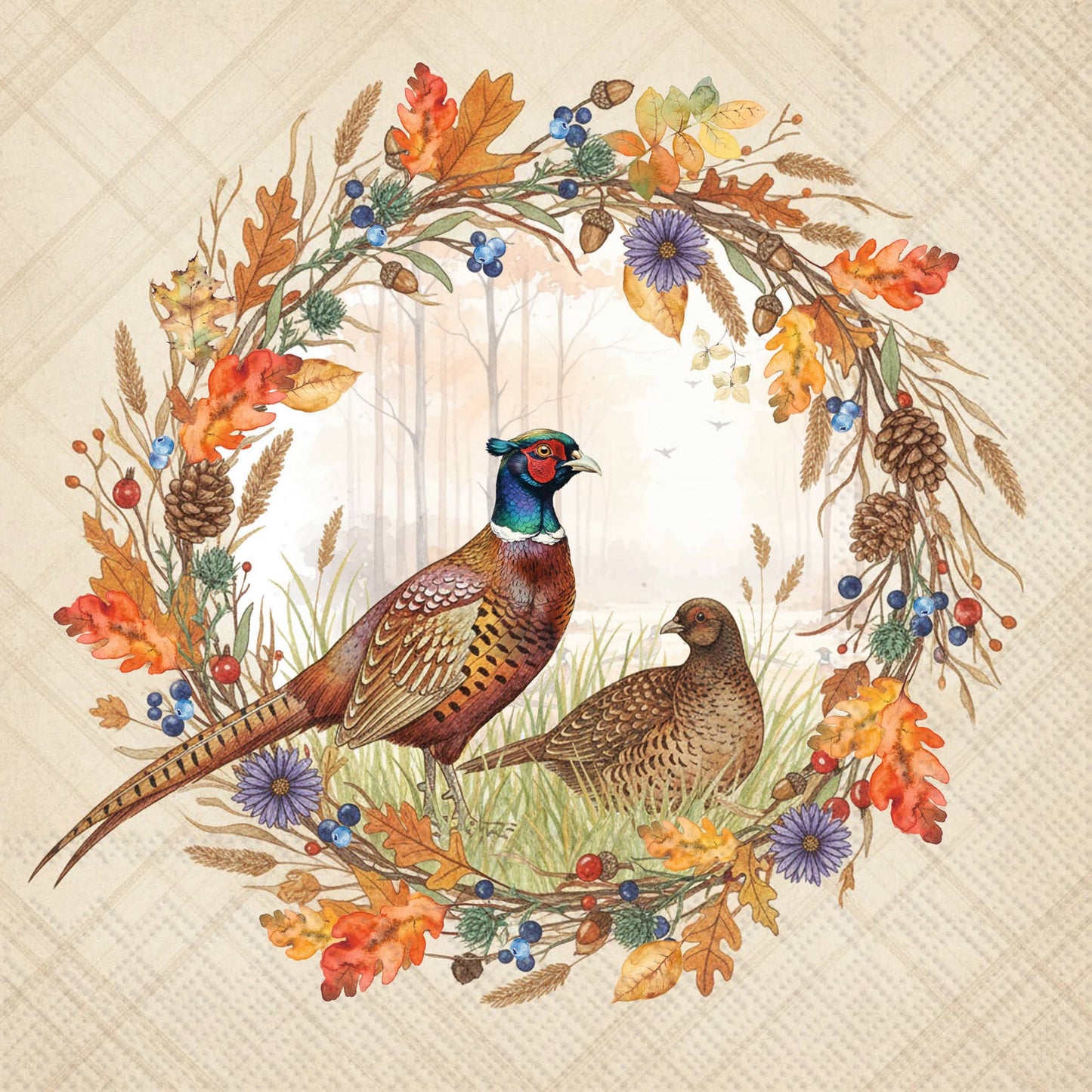 Pheasant Wreath Cocktail Napkins 20 ct Fall Autumn