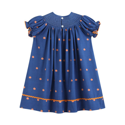 Blue Pumpkin Print Knit Smocked Bishop Dress