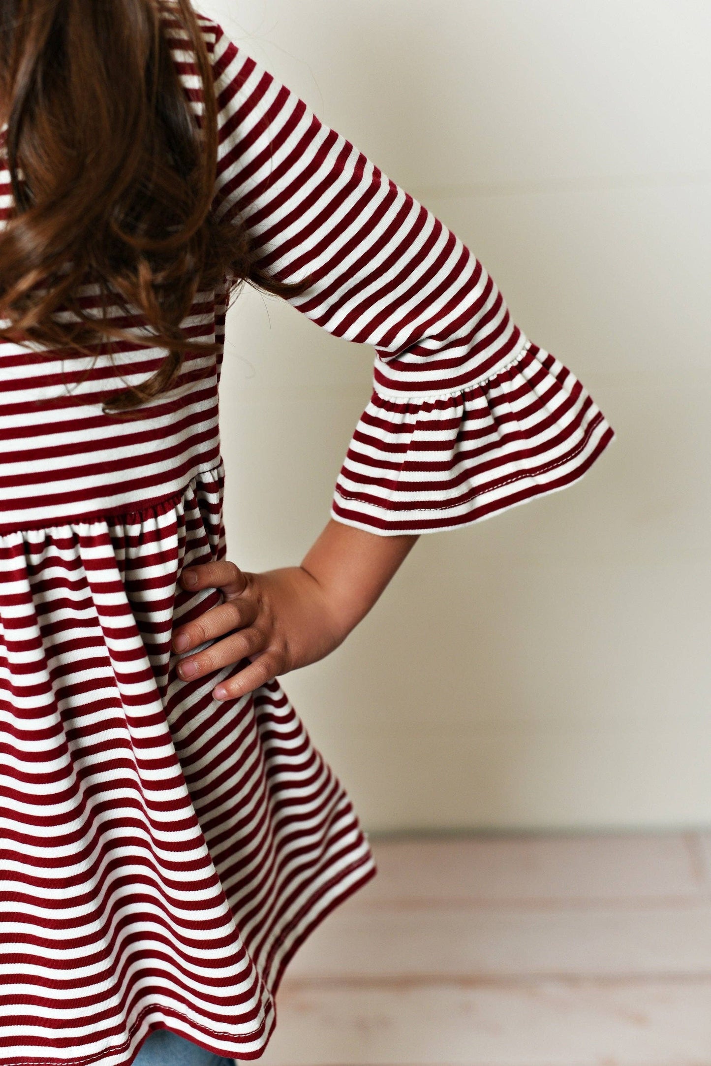 Kids Fall Winter Maroon Stripe Ruffle Sleeve Shirt Blouse