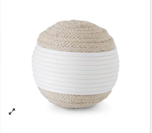 4 Inch White Ribbed Ball w/Braided Rope Top & Bottom