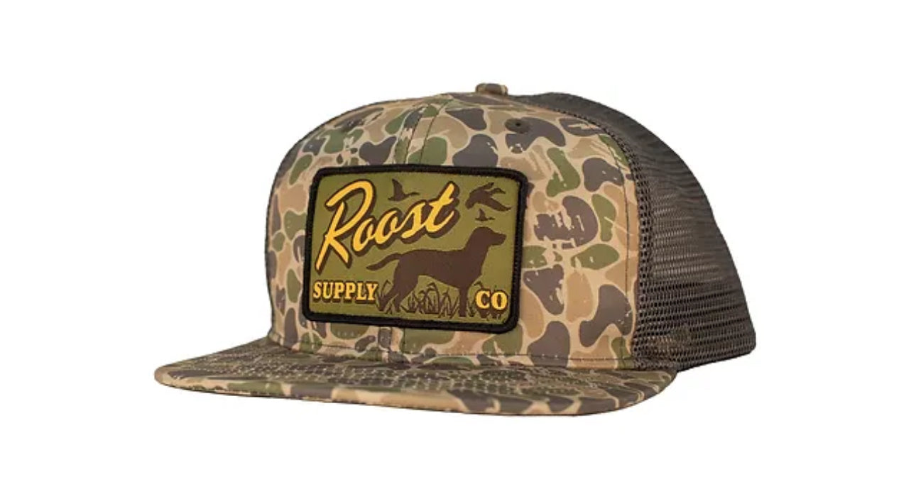 Roost backwoods camo patch hat