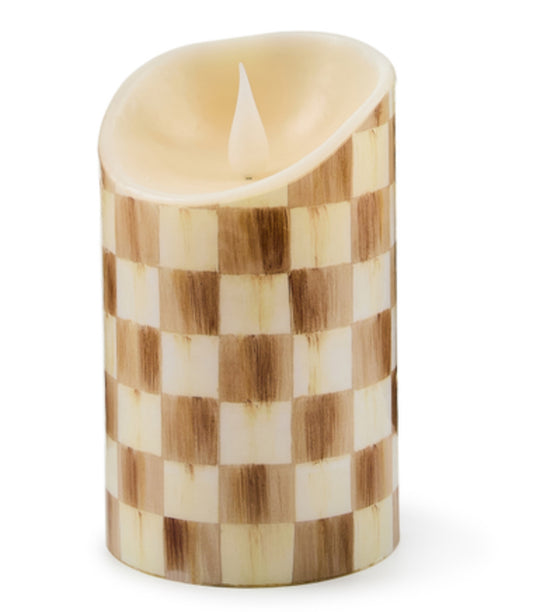 Mackenzie Childs mocha check flameless 5" pillar candle