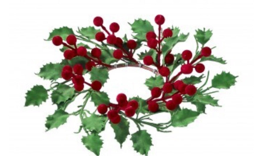 9" FLOCKED HOLLY BERRY CANDLE RING 3.5ID