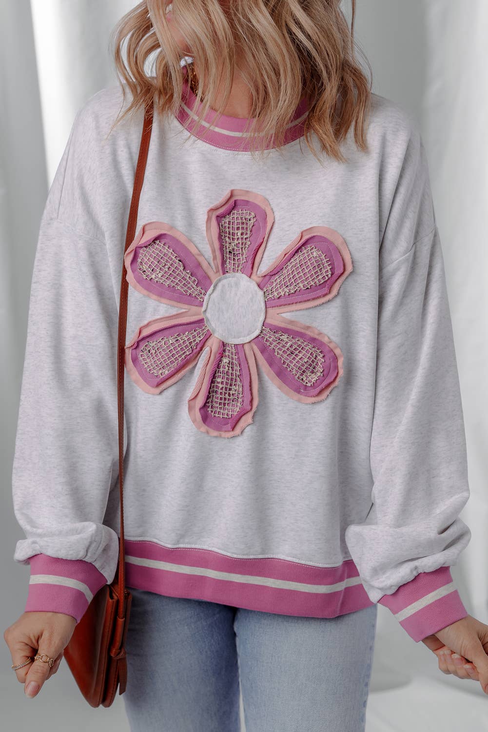 LDC Flower Patch Contrast Trim Crew Neck Sweatshirt