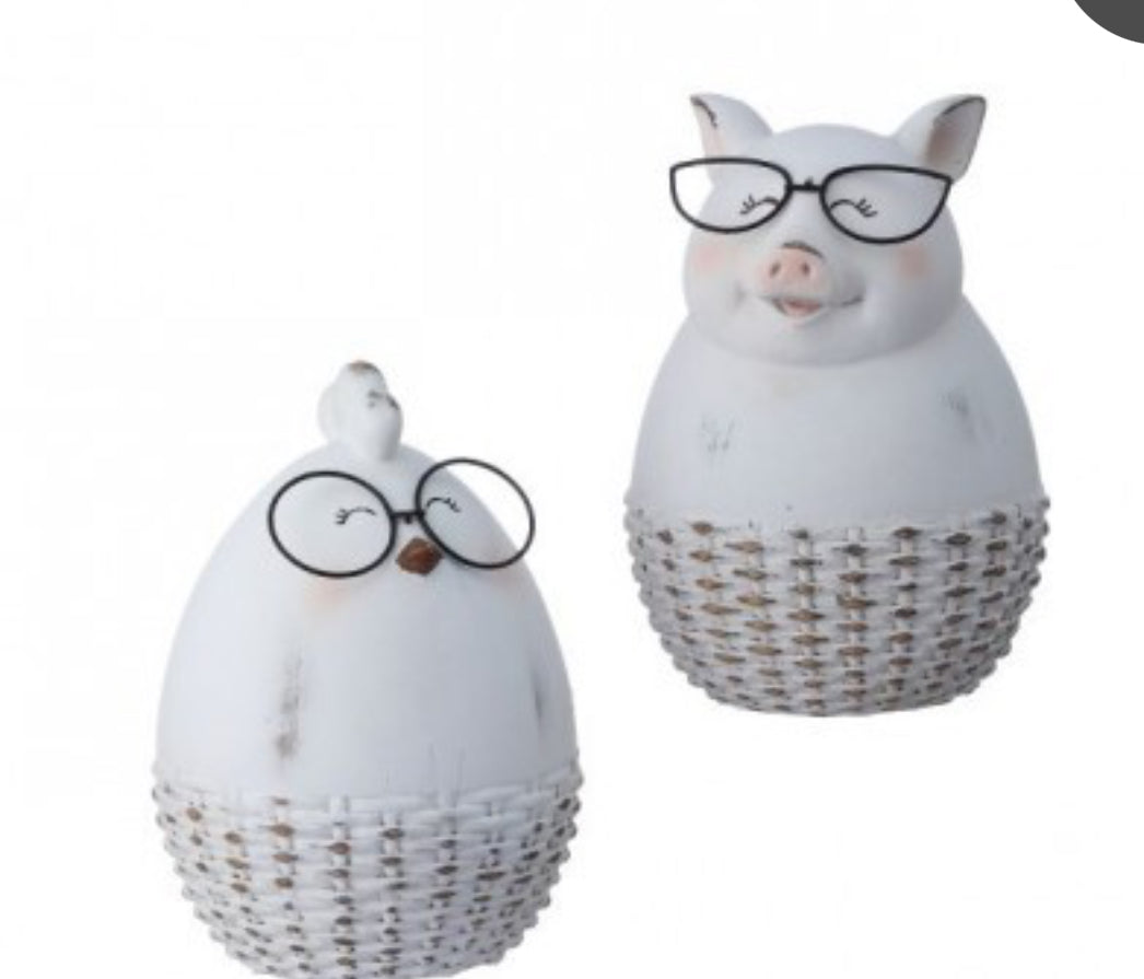 RESIN CHICK/PIG W/METAL GLASSES 2/AST