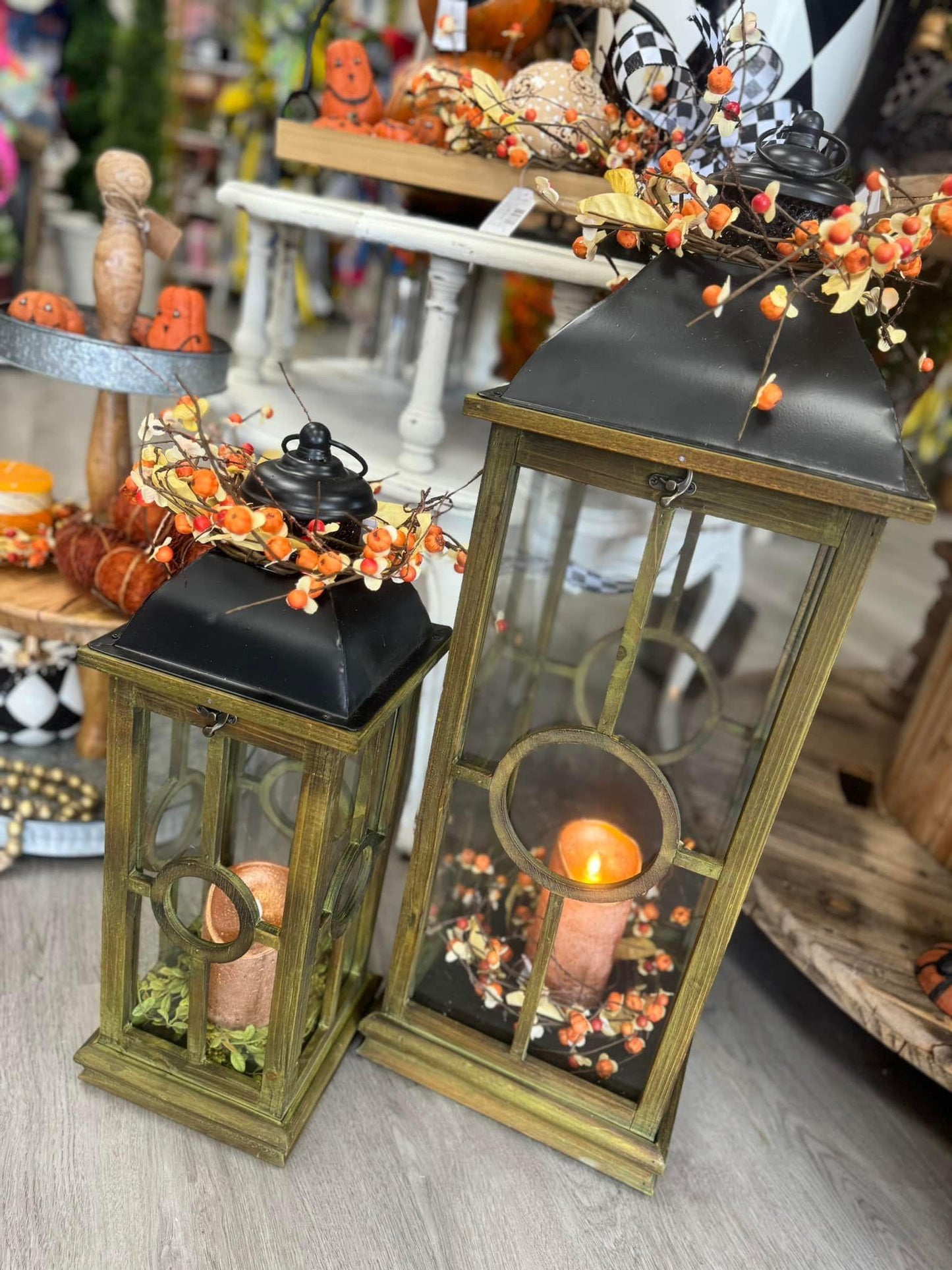 Black metal top and wood lantern