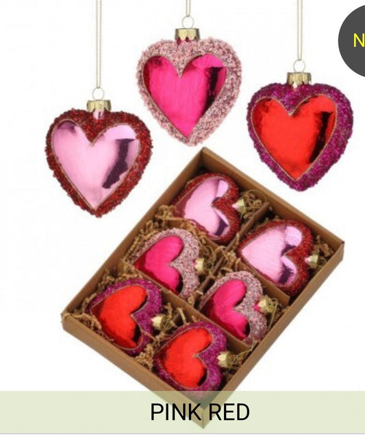 3" GLITTER GLS SEQUIN HEART ORNAMENT BOX/6