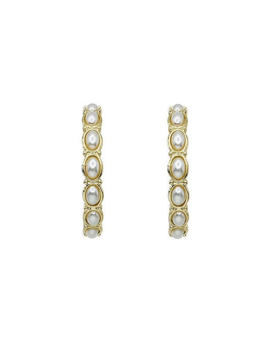 Gold Hammered and Pearl Circle 2" Hoop Earring