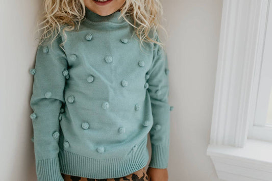 Kids Teal Pom Pom Fall Winter Crew Neck Sweater