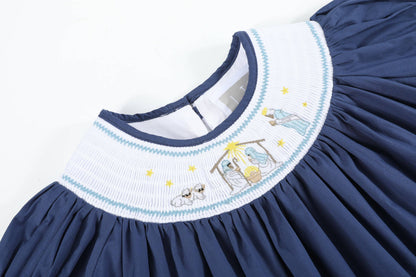Dark Blue Nativity Smocked Bishop Dress
