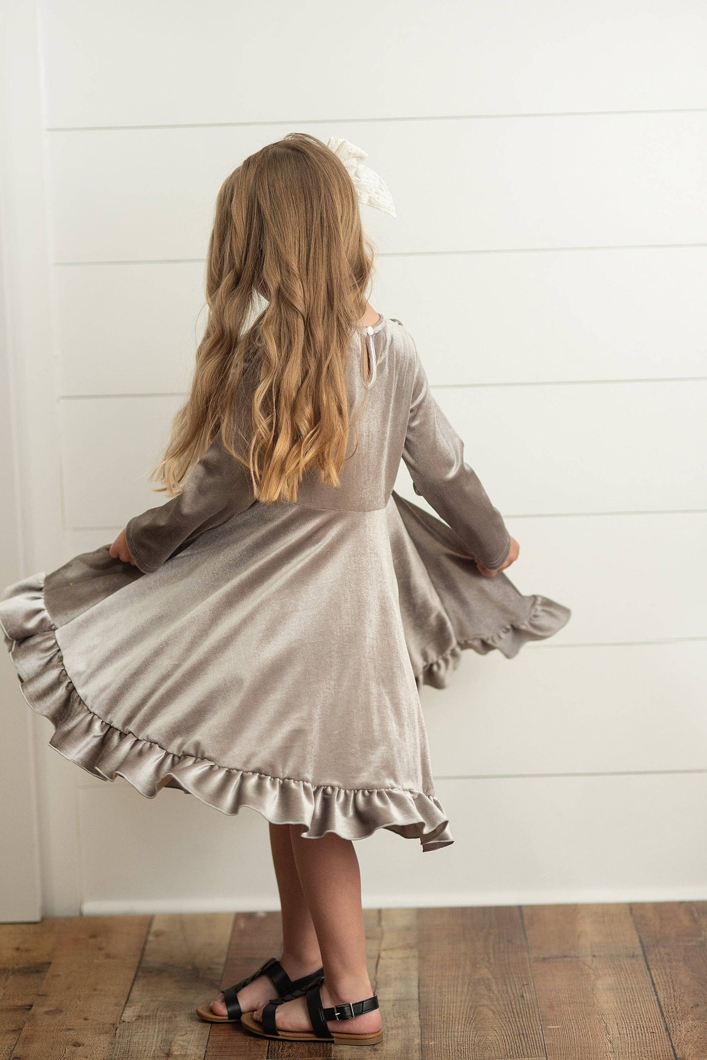 Kids Gray Silver Velvet Ruffle Fancy Christmas Party Dress