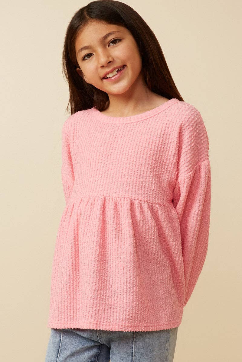 Girls Textured Crushed Rib Puff Sleeve Peplum Knit Top