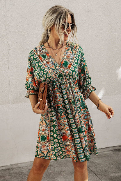 Boho Print Wrap Neck Tie Back Pleated Hem Dress