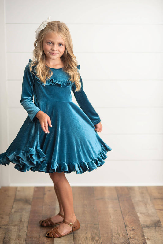 Kids Velvet Teal Ruffle Fancy Winter Christmas Holiday Dress