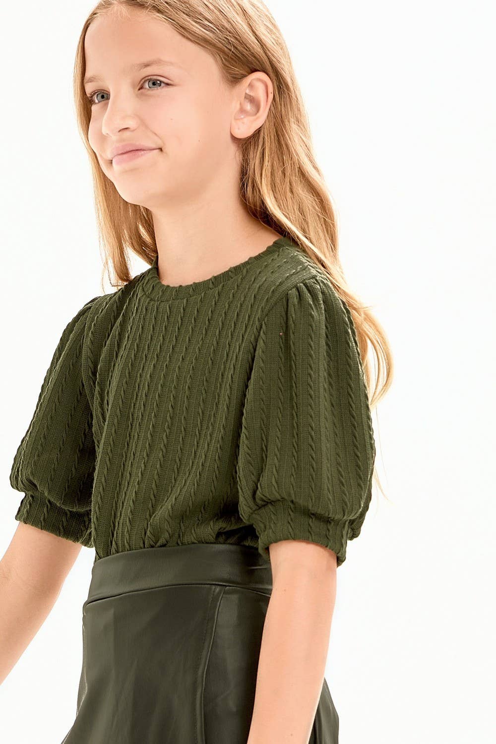 Embossed Knit Short Puff Sleeves Top