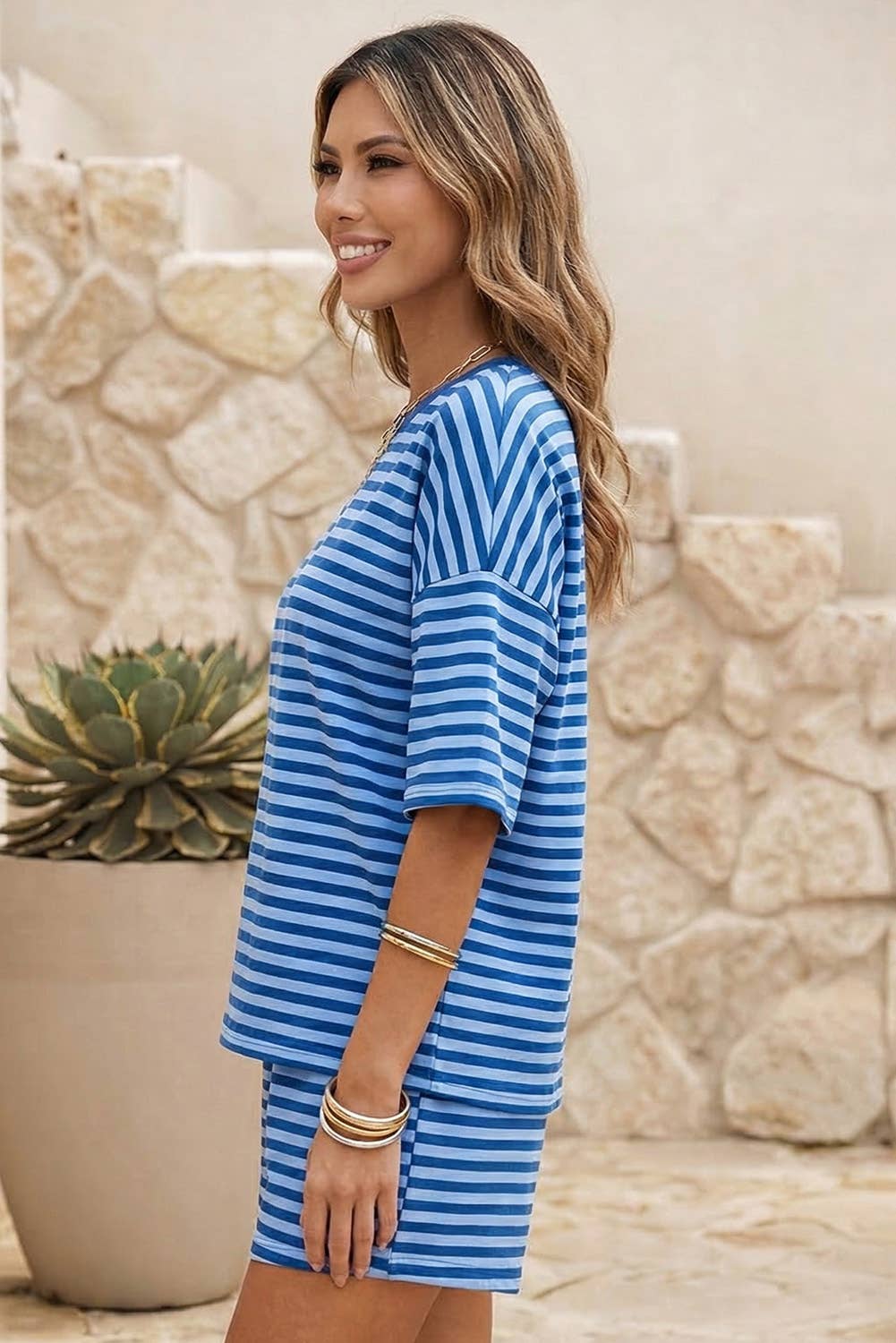 LDC Stripe Dropped Shoulder Tee Loose 2pcs Short Set