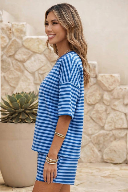 LDC Stripe Dropped Shoulder Tee Loose 2pcs Short Set