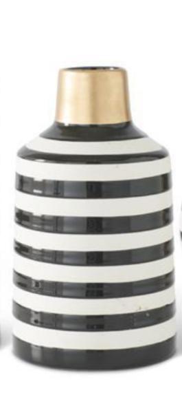 Black and white striped ceramic vase w gold