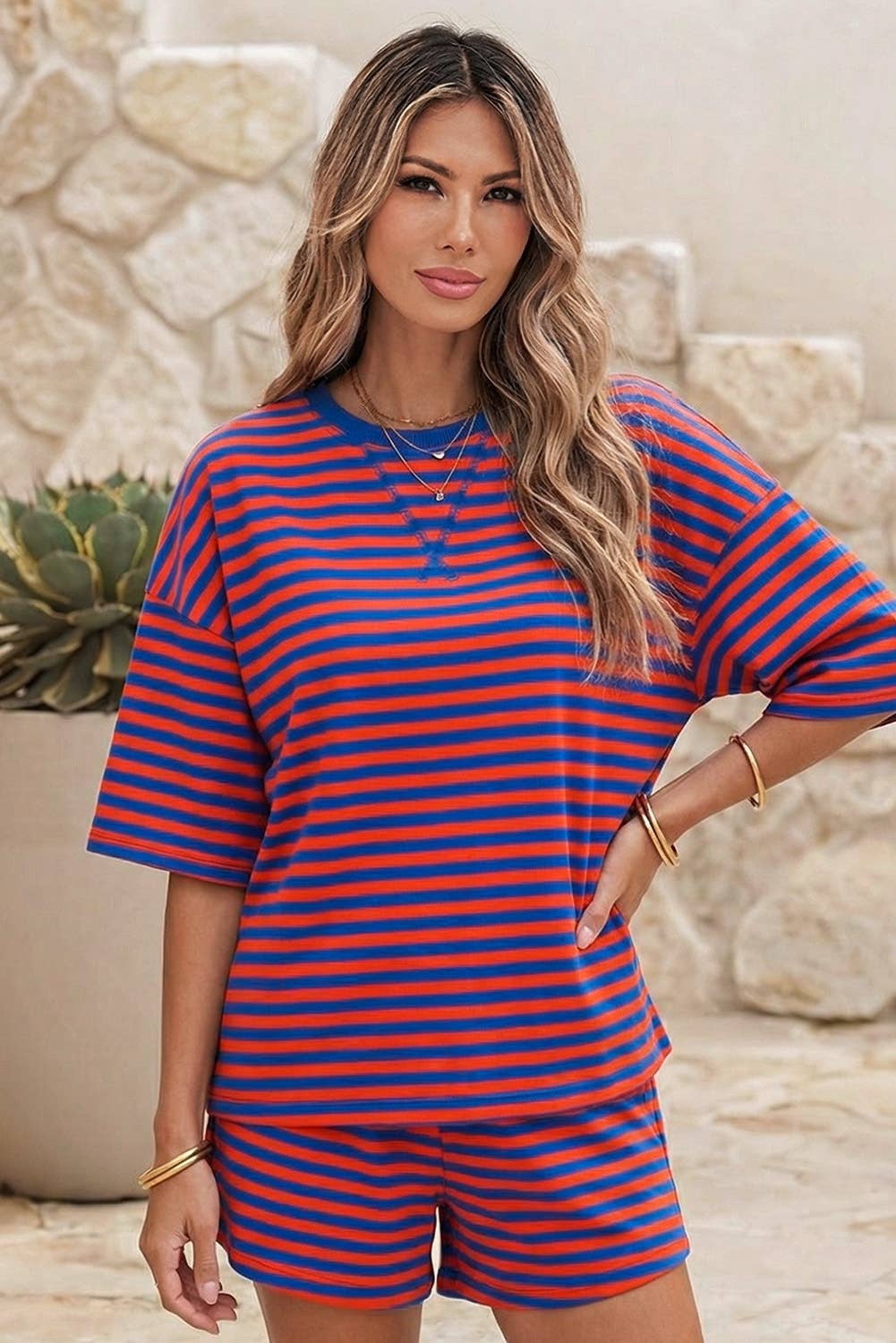 LDC Stripe Dropped Shoulder Tee Loose 2pcs Short Set