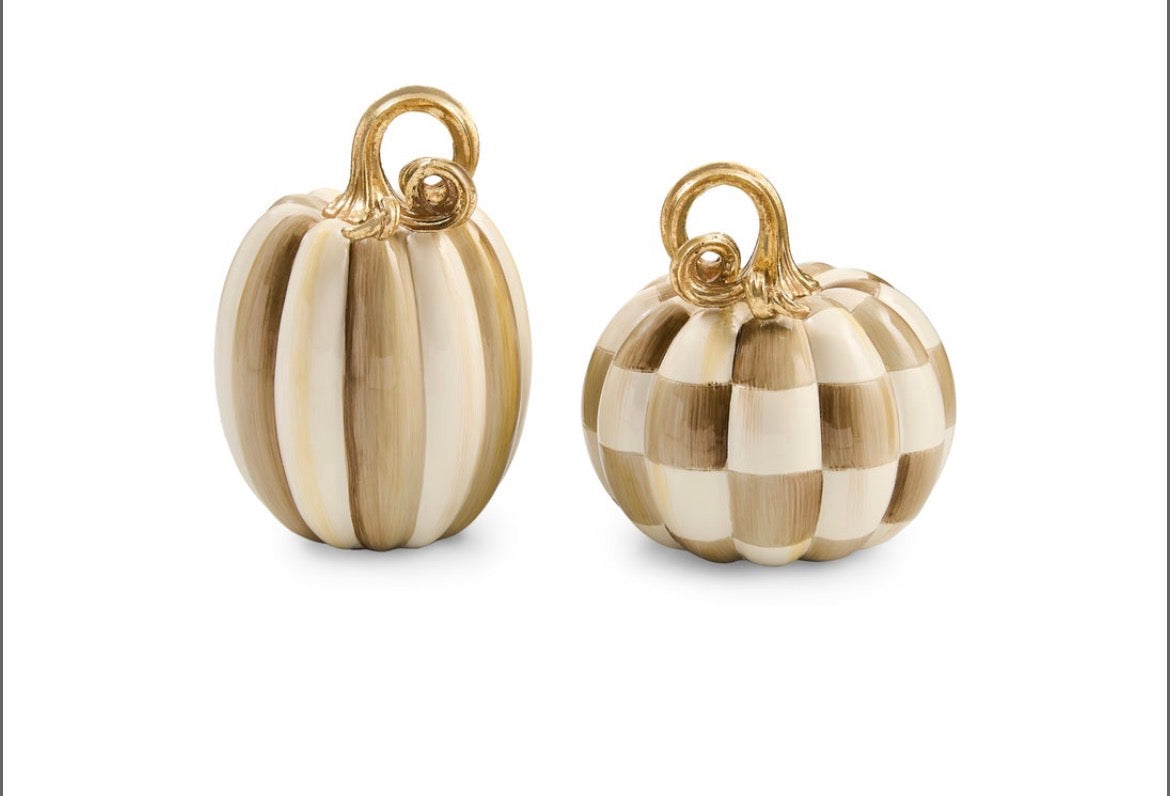 Mocha Check And Stripe Petite Pumpkins, Set Of 2