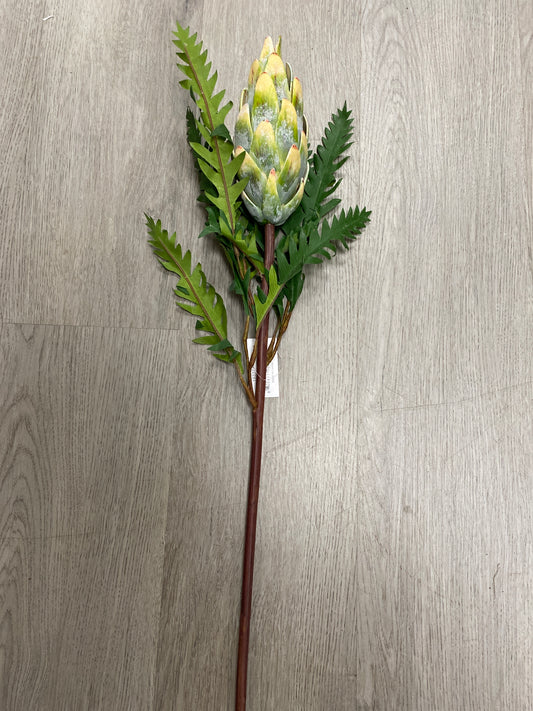 22” yellow & green protea stem with foliage
