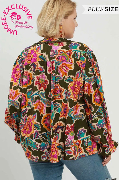 Mixed Floral Print Button Down Blouse