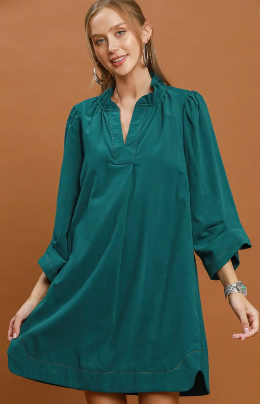 Corduroy Split Neck Puff Sleeve Shift Dress