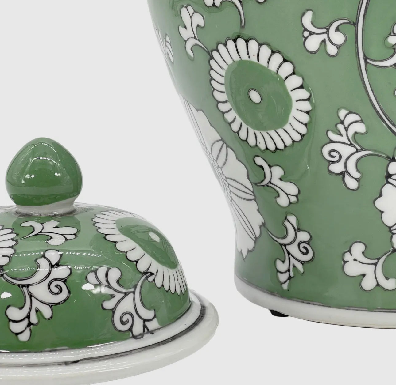 Green and white ceramic chinoiserie ginger jar