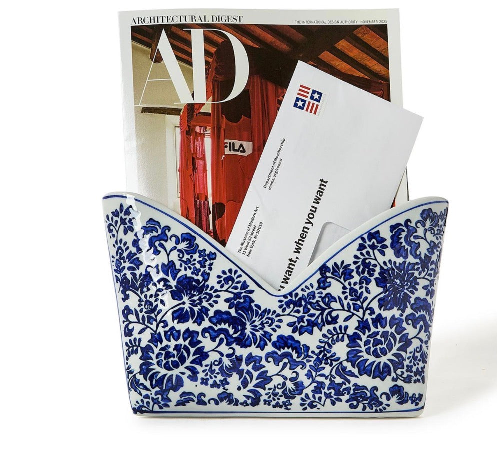 Chinoiserie Hand-Painted Blue and White Floral Letter Holder - Porcelain