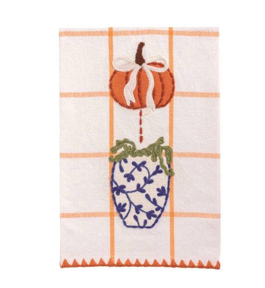 Orange Windowpane Pumpkin Appliqué Topiary Towel