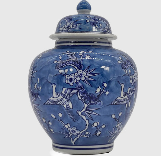 Blue and white floral crane ceramic chinoiserie ginger jar