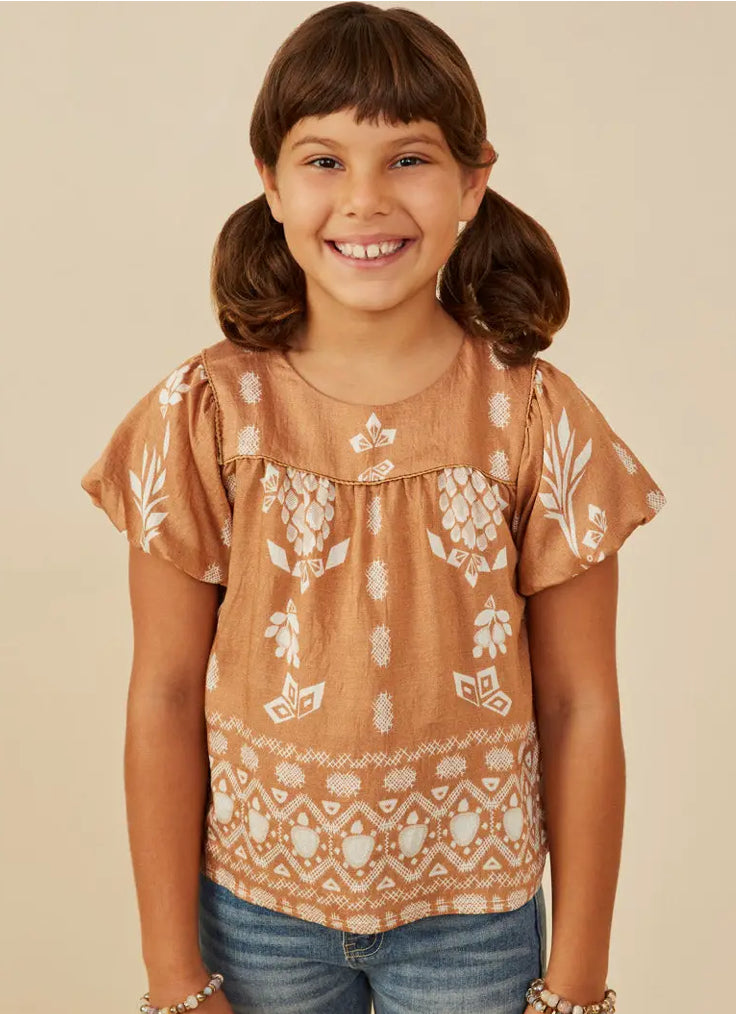 Girls Geometric Floral Print Puff Sleeve Top