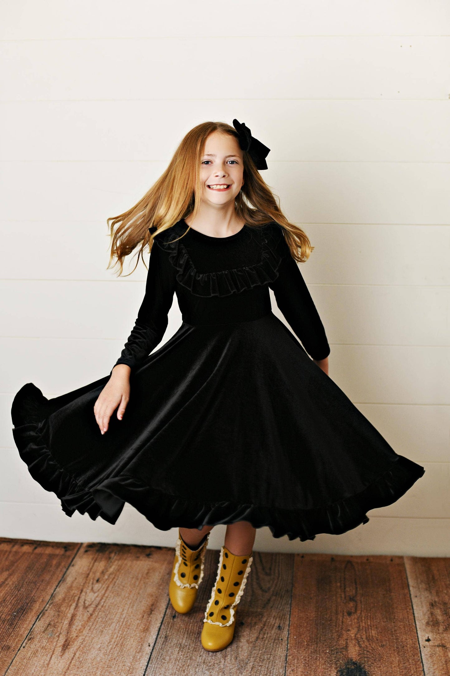 Kids Black Velvet Ruffle Fancy Winter Christmas Party Dress