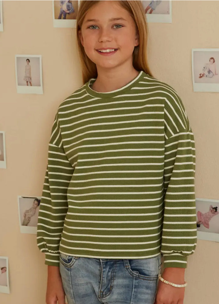 Girls Waffle Textured Striped Drop Shoulder T Shirt