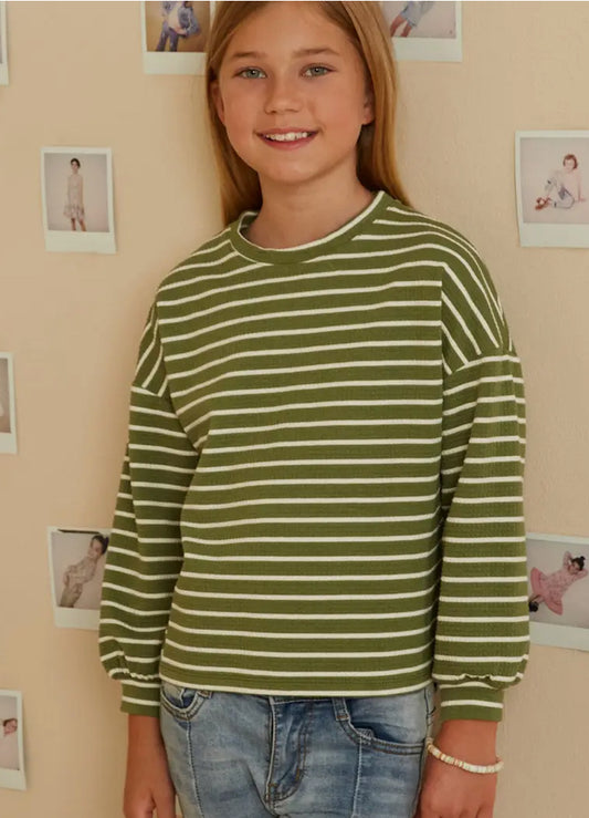 Girls Waffle Textured Striped Drop Shoulder T Shirt
