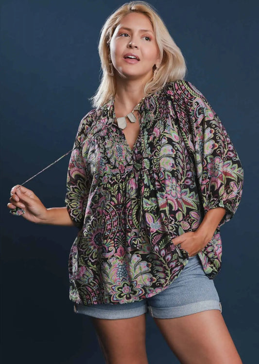 Black Floral Stripe Puff Sleeve Blouse