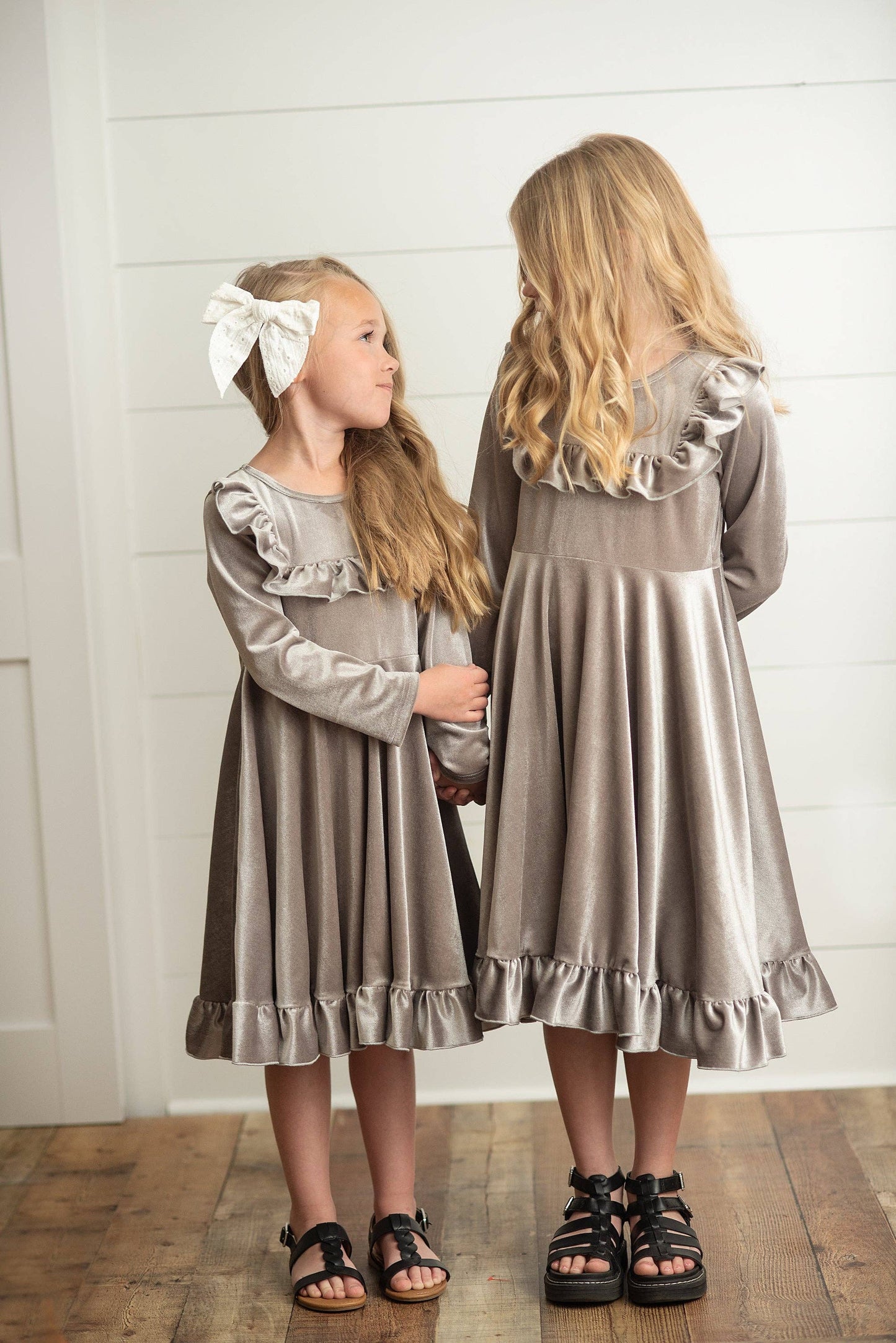 Kids Gray Silver Velvet Ruffle Fancy Christmas Party Dress