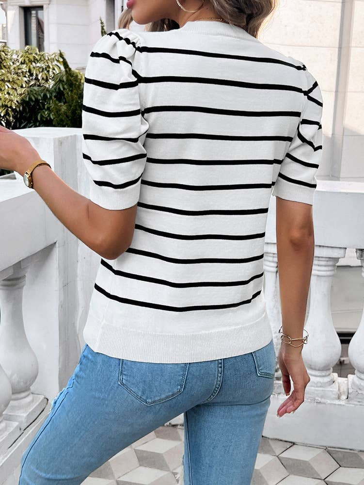 Puffy sleeve crew neck color sweater