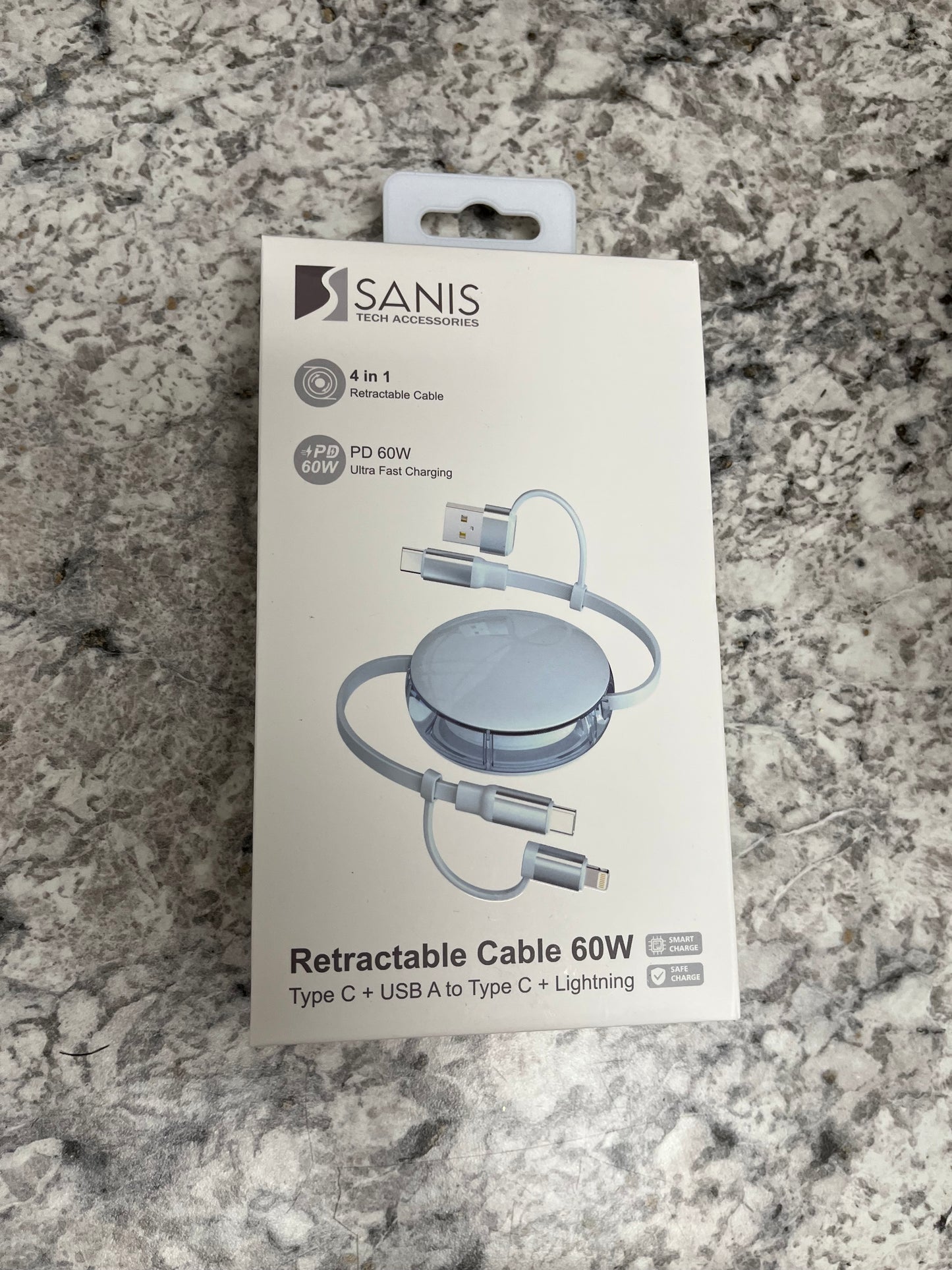 60w USB+type c to type c+ lighting retractable cable